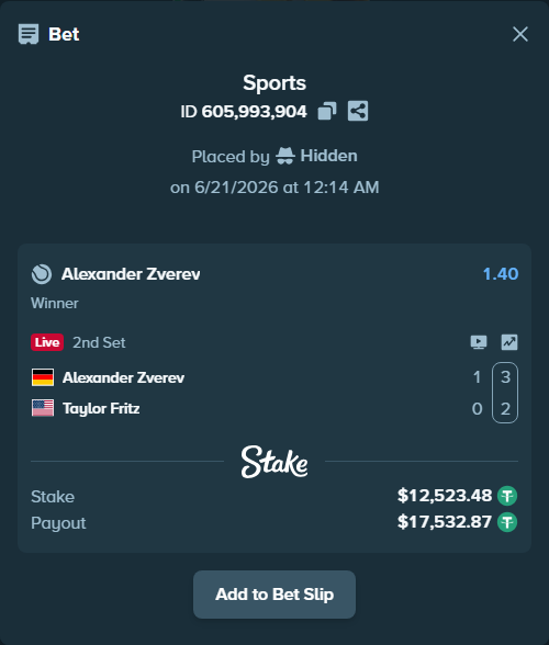 Bet slip: Alexander Zverev - Taylor Fritz, $12,536.00 stake at 1.40 odds, placed by Hidden