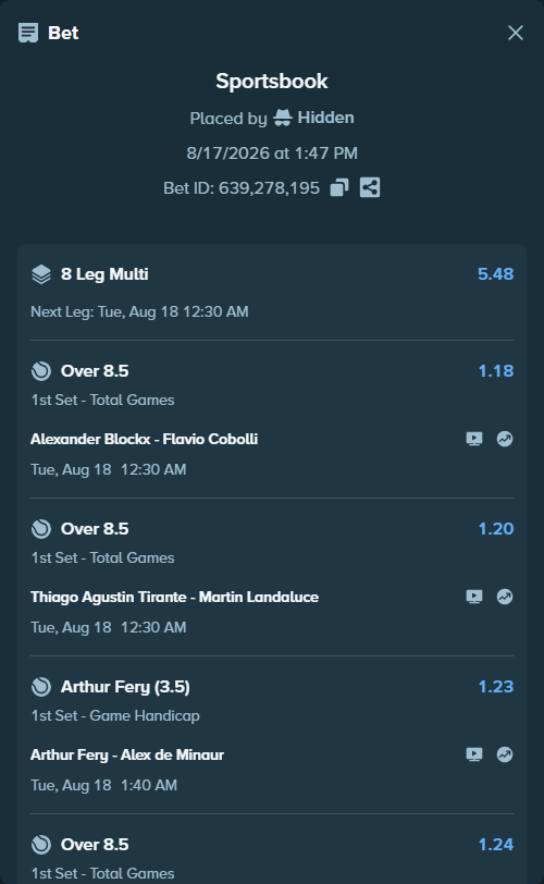 Bet slip: Alexander Zverev - Terence Atmane, $10,000.00 stake at 1.40 odds, placed by Hidden