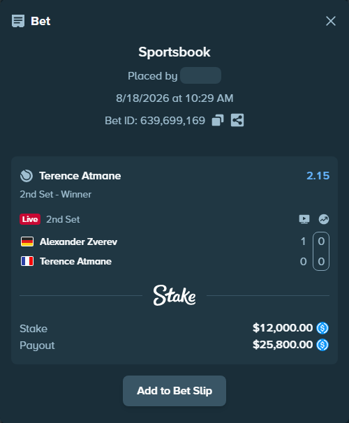 Bet slip: Alexander Zverev - Terence Atmane, $12,000.00 stake at 2.15 odds, placed by lucymasi