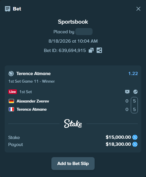 Bet slip: Alexander Zverev - Terence Atmane, $15,000.00 stake at 1.22 odds, placed by lucymasi