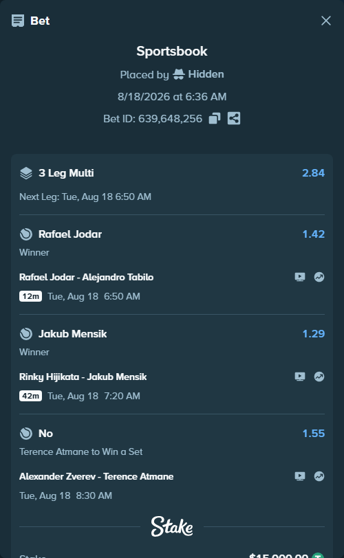 Bet slip: Alexander Zverev - Terence Atmane, $15,015.00 stake at 1.55 odds, placed by Hidden