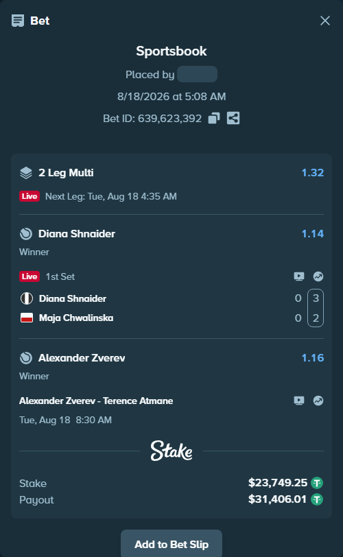 Bet slip: Alexander Zverev - Terence Atmane, $23,773.00 stake at 1.16 odds, placed by diomancy