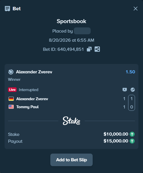 Bet slip: Alexander Zverev - Tommy Paul, $10,000.00 stake at 1.50 odds, placed by Mopsik33