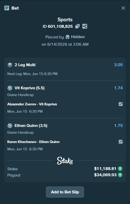 Bet slip: Alexander Zverev - Vit Kopriva, $11,200.00 stake at 1.74 odds, placed by Hidden