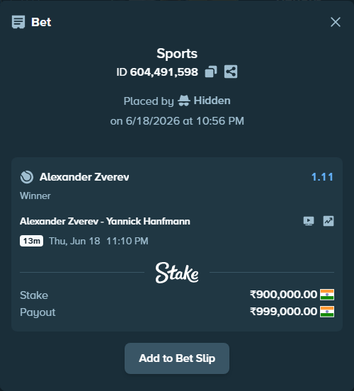 Bet slip: Alexander Zverev - Yannick Hanfmann, $10,800.00 stake at 1.11 odds, placed by Hidden