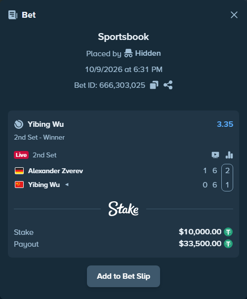 Bet slip: Alexander Zverev - Yibing Wu, $10,010.00 stake at 3.35 odds, placed by Hidden