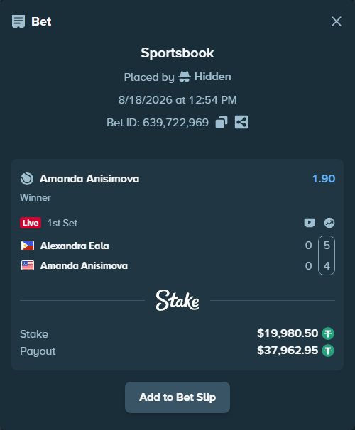 Bet slip: Alexandra Eala - Amanda Anisimova, $20,000.48 stake at 1.90 odds, placed by Hidden