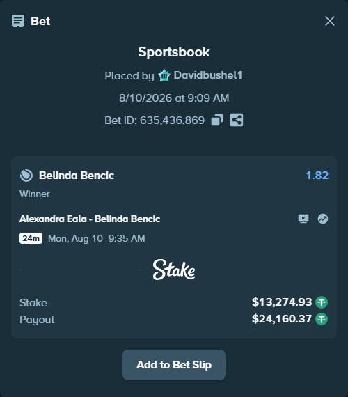 Bet slip: Alexandra Eala - Belinda Bencic, $13,288.20 stake at 1.82 odds, placed by Davidbushel1