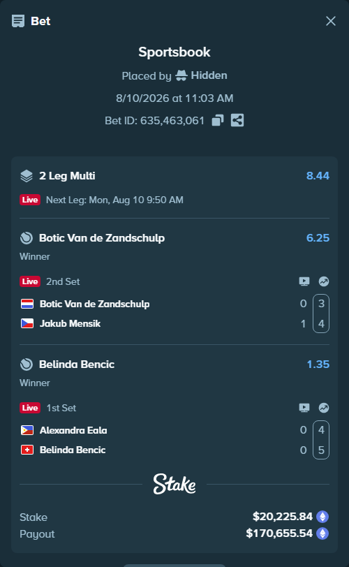 Bet slip: Alexandra Eala - Belinda Bencic, $20,333.78 stake at 1.35 odds, placed by Hidden