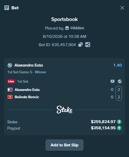 Bet slip: Alexandra Eala - Belinda Bencic, $256,080.79 stake at 1.40 odds, placed by Hidden