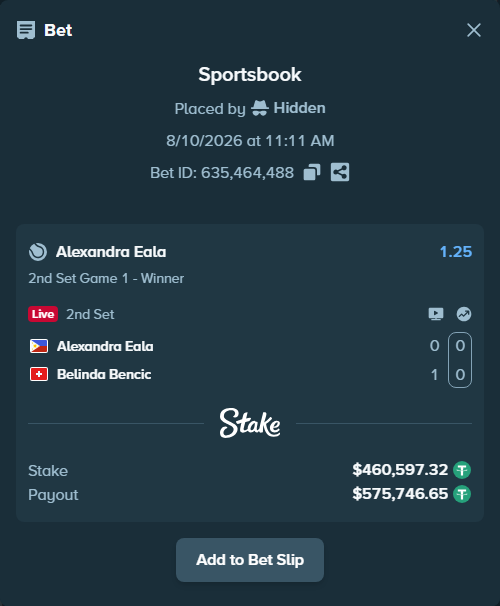 Bet slip: Alexandra Eala - Belinda Bencic, $461,057.91 stake at 1.25 odds, placed by Hidden