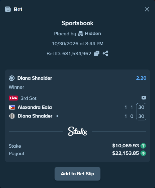 Bet slip: Alexandra Eala - Diana Shnaider, $10,080.00 stake at 2.20 odds, placed by Hidden