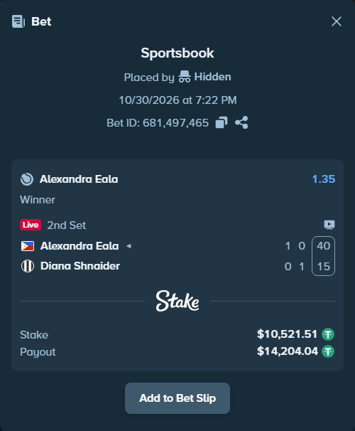 Bet slip: Alexandra Eala - Diana Shnaider, $10,542.55 stake at 1.35 odds, placed by Ravi4155