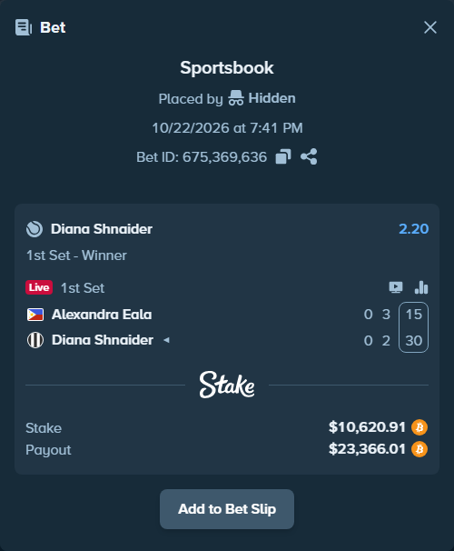 Bet slip: Alexandra Eala - Diana Shnaider, $10,661.04 stake at 2.20 odds, placed by betgood23
