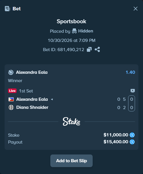 Bet slip: Alexandra Eala - Diana Shnaider, $11,000.00 stake at 1.40 odds, placed by Lil1a