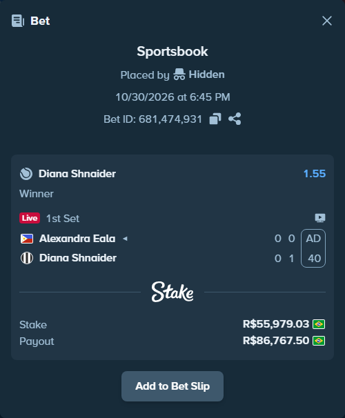 Bet slip: Alexandra Eala - Diana Shnaider, $11,195.81 stake at 1.55 odds, placed by Hidden