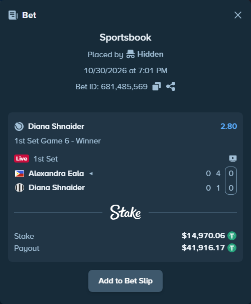 Bet slip: Alexandra Eala - Diana Shnaider, $15,000.00 stake at 2.80 odds, placed by Hidden