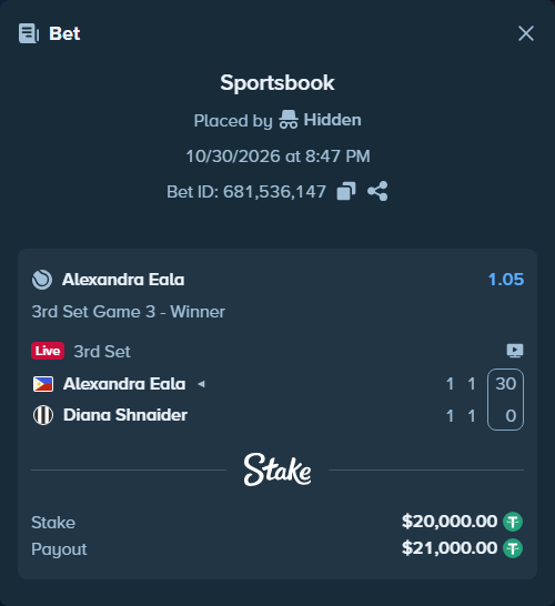 Bet slip: Alexandra Eala - Diana Shnaider, $20,020.00 stake at 1.05 odds, placed by Hidden