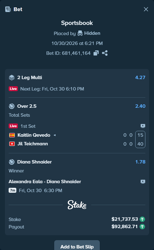 Bet slip: Alexandra Eala - Diana Shnaider, $21,781.00 stake at 1.78 odds, placed by Hidden