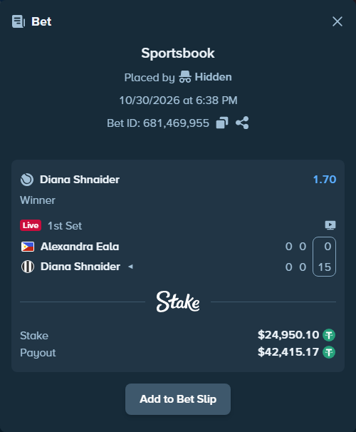 Bet slip: Alexandra Eala - Diana Shnaider, $25,000.00 stake at 1.70 odds, placed by Hidden