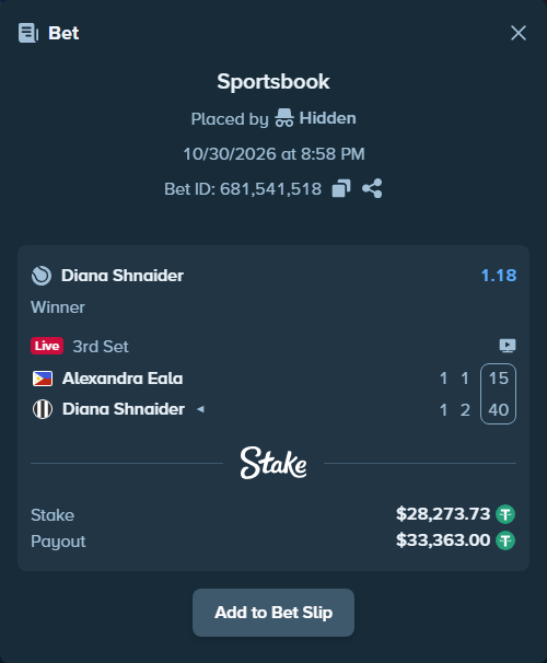 Bet slip: Alexandra Eala - Diana Shnaider, $28,302.00 stake at 1.18 odds, placed by Hidden