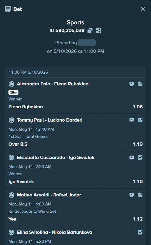 Bet slip: Alexandra Eala - Elena Rybakina, $125,000.00 stake at 1.06 odds, placed by Azuulu