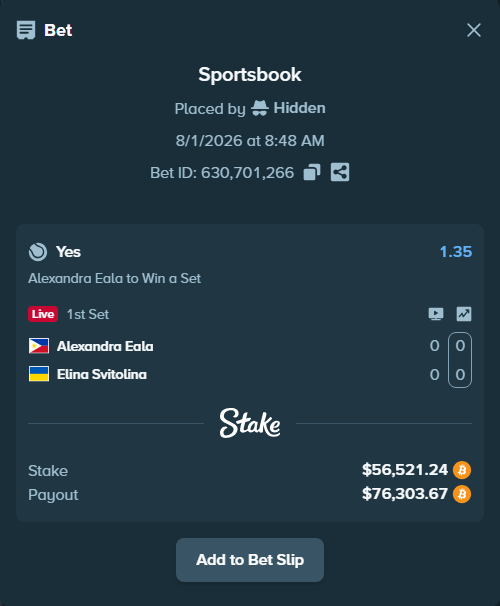 Bet slip: Alexandra Eala - Elina Svitolina, $57,770.83 stake at 1.35 odds, placed by Hidden
