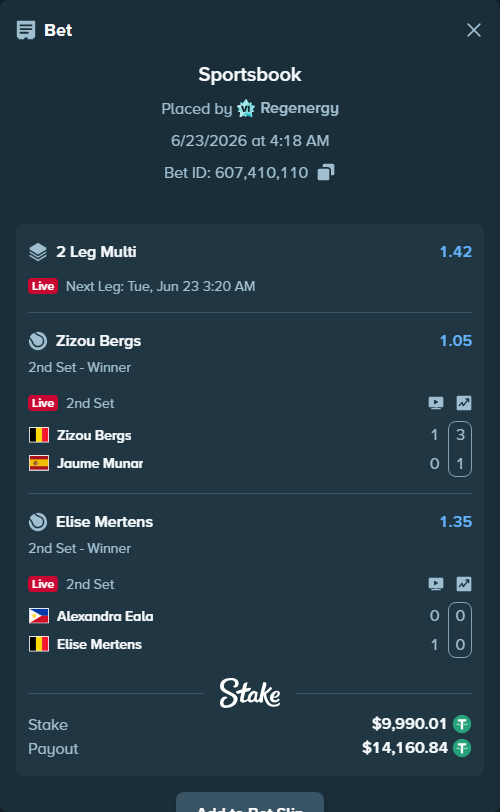 Bet slip: Alexandra Eala - Elise Mertens, $10,000.00 stake at 1.35 odds, placed by Regenergy