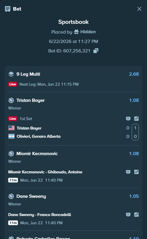 Bet slip: Alexandra Eala - Elise Mertens, $125,125.00 stake at 1.09 odds, placed by Hidden