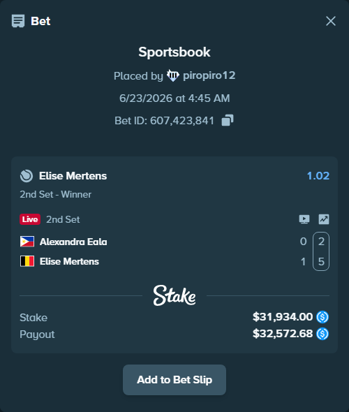 Bet slip: Alexandra Eala - Elise Mertens, $31,934.00 stake at 1.02 odds, placed by piropiro12