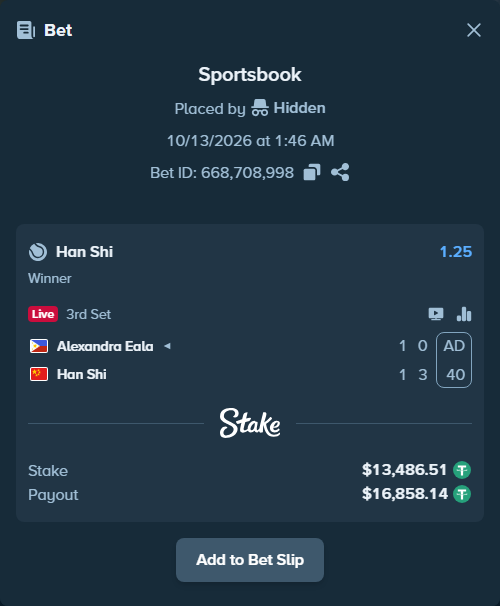Bet slip: Alexandra Eala - Han Shi, $13,500.00 stake at 1.25 odds, placed by diomancy