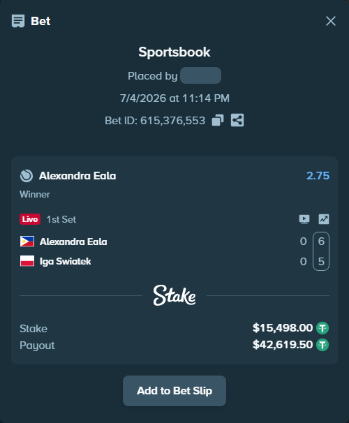 Bet slip: Alexandra Eala - Iga Swiatek, $15,513.50 stake at 2.75 odds, placed by Tyceno