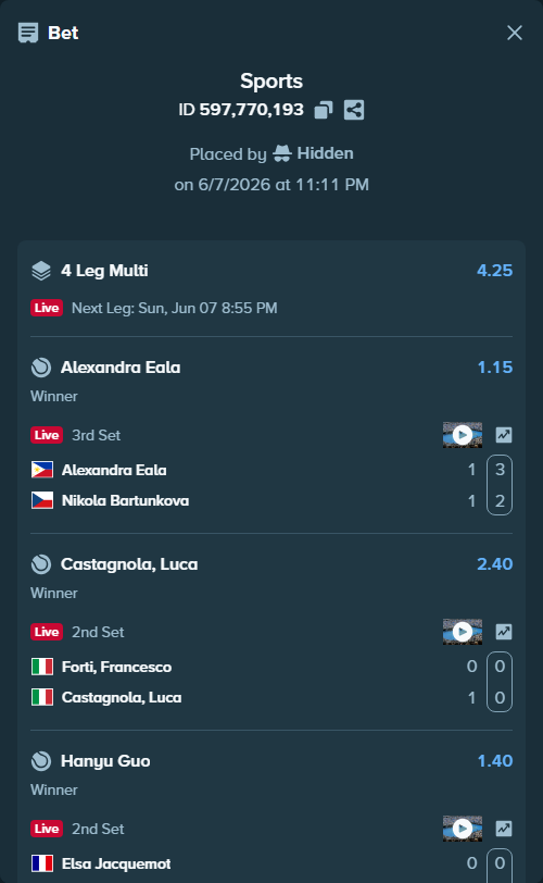 Bet slip: Alexandra Eala - Nikola Bartunkova, $11,185.00 stake at 1.15 odds, placed by Hidden