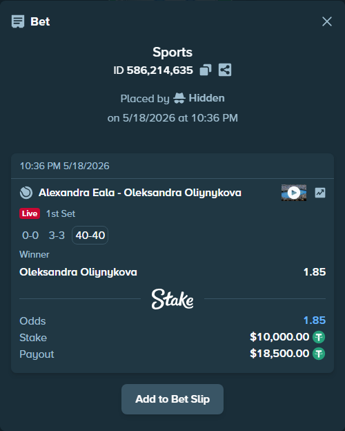 Bet slip: Alexandra Eala - Oleksandra Oliynykova, $10,000.00 stake at 1.85 odds, placed by Hidden