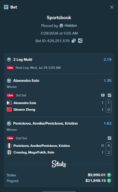 Bet slip: Alexandra Eala - Qinwen Zheng, $10,000.00 stake at 1.35 odds, placed by Hidden