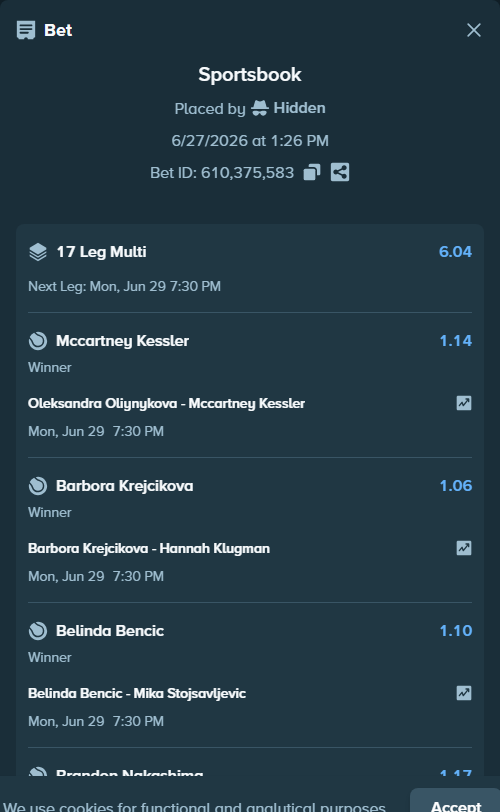 Bet slip: Alexandra Eala - Renata Zarazua, $100,000.00 stake at 1.17 odds, placed by Hidden