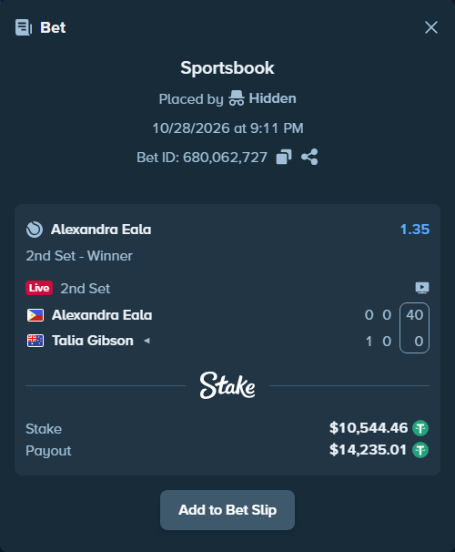 Bet slip: Alexandra Eala - Talia Gibson, $10,555.00 stake at 1.35 odds, placed by Hidden