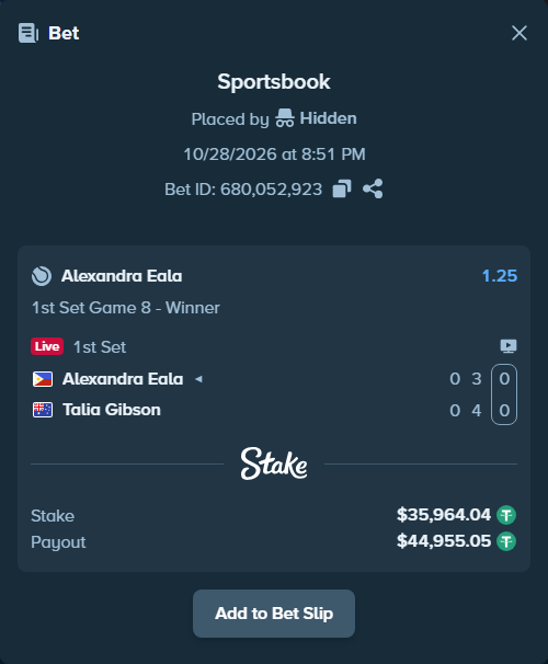Bet slip: Alexandra Eala - Talia Gibson, $36,000.00 stake at 1.25 odds, placed by Hidden