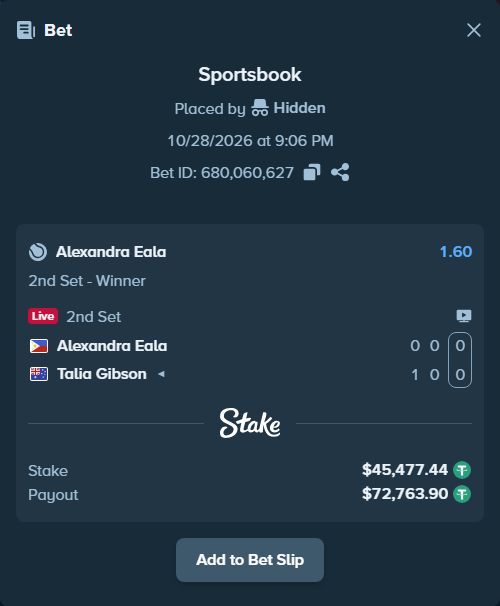 Bet slip: Alexandra Eala - Talia Gibson, $45,522.92 stake at 1.60 odds, placed by Hidden