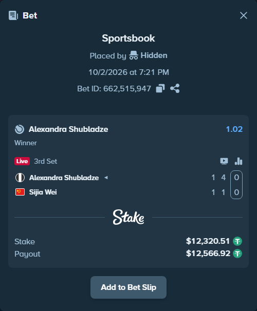 Bet slip: Alexandra Shubladze - Sijia Wei, $12,320.51 stake at 1.02 odds, placed by 진라면먹고싶다
