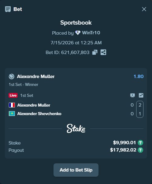 Bet slip: Alexandre Muller - Alexander Shevchenko, $10,000.00 stake at 1.80 odds, placed by WinTr10