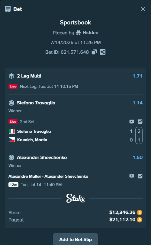 Bet slip: Alexandre Muller - Alexander Shevchenko, $12,460.38 stake at 1.50 odds, placed by Hidden