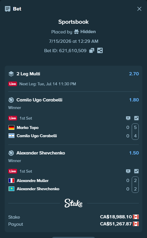 Bet slip: Alexandre Muller - Alexander Shevchenko, $14,051.19 stake at 1.50 odds, placed by Hidden