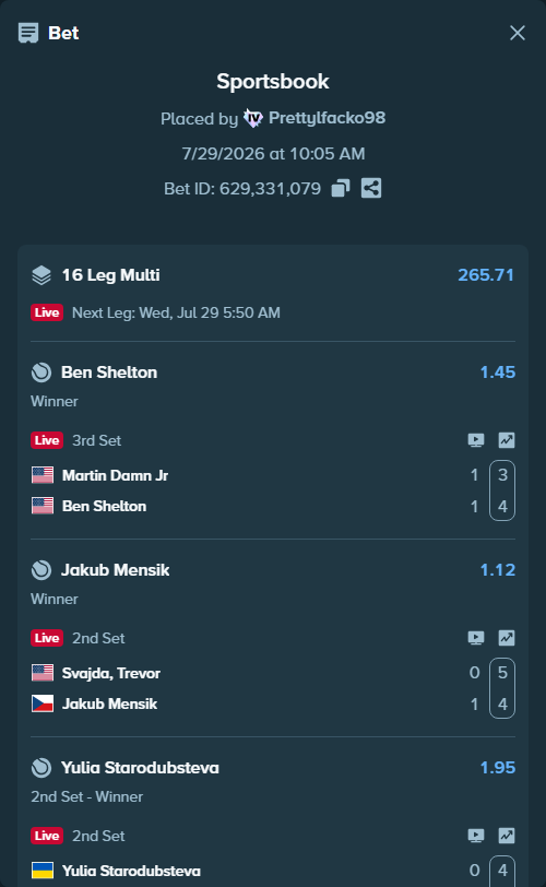 Bet slip: Alexandre Muller - Cecchinato, Marco, $12,097.71 stake at 1.74 odds, placed by Prettylfacko98