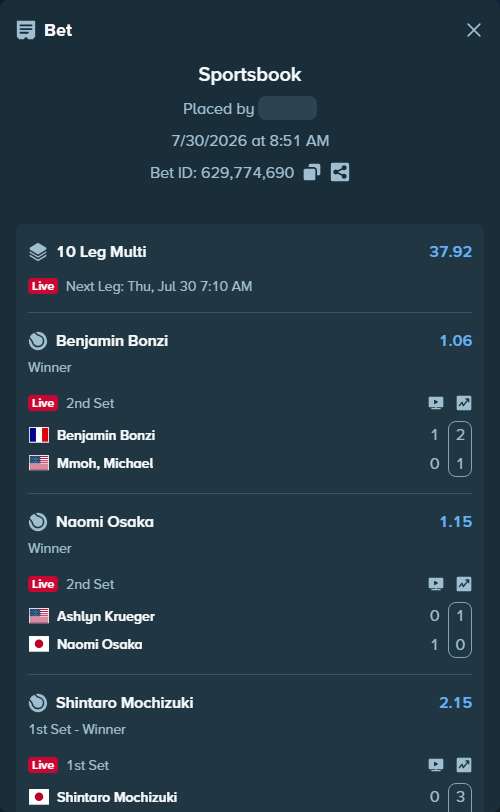 Bet slip: Alexandre Muller - Poljicak, Mili, $10,879.71 stake at 1.54 odds, placed by Prettylfacko98