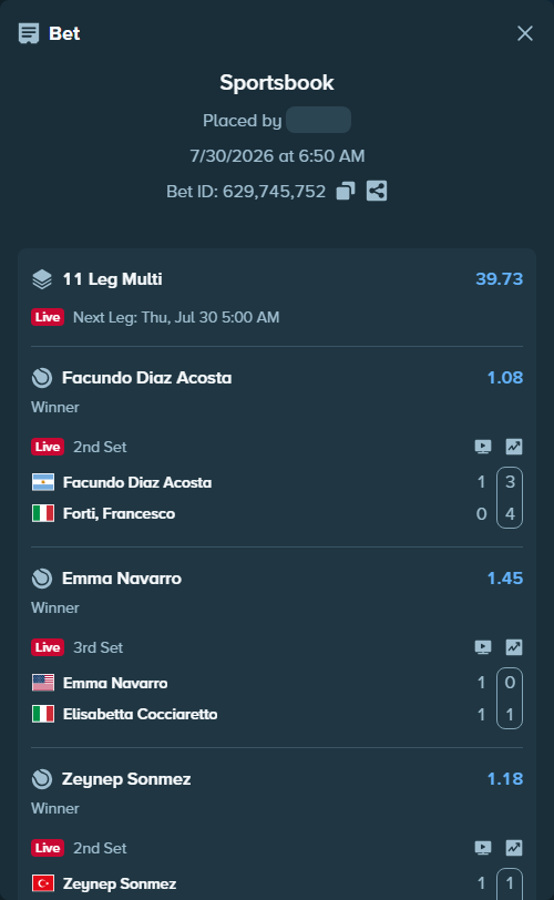 Bet slip: Alexandre Muller - Poljicak, Mili, $27,391.87 stake at 1.54 odds, placed by Prettylfacko98