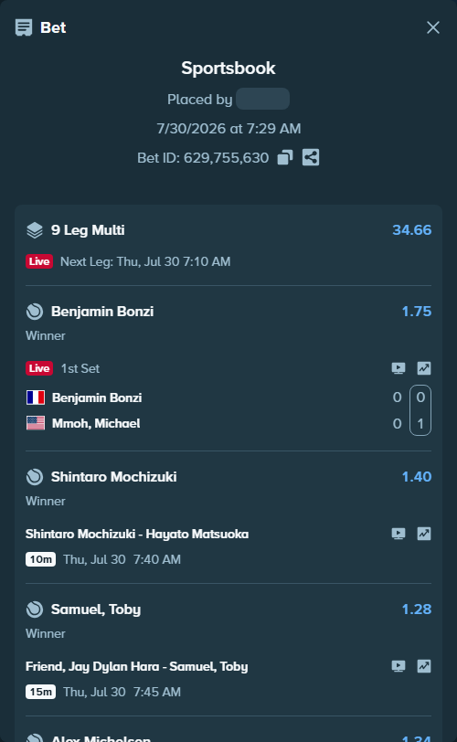 Bet slip: Alexandre Muller - Poljicak, Mili, $74,921.28 stake at 1.54 odds, placed by Prettylfacko98