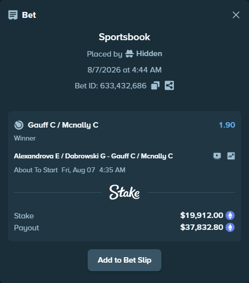 Bet slip: Alexandrova E / Dabrowski G - Gauff C / McNally C, $19,857.62 stake at 1.90 odds, placed by Hidden