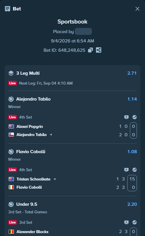 Bet slip: Alexei Popyrin - Alejandro Tabilo, $10,000.00 stake at 1.14 odds, placed by Chauhanizz