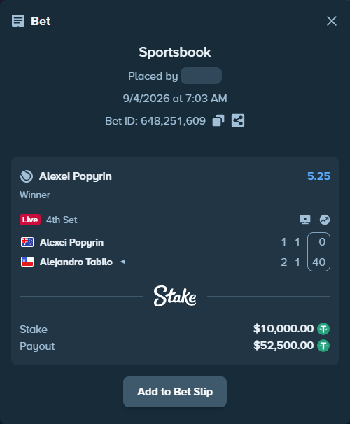 Bet slip: Alexei Popyrin - Alejandro Tabilo, $10,000.00 stake at 5.25 odds, placed by vavrinka27